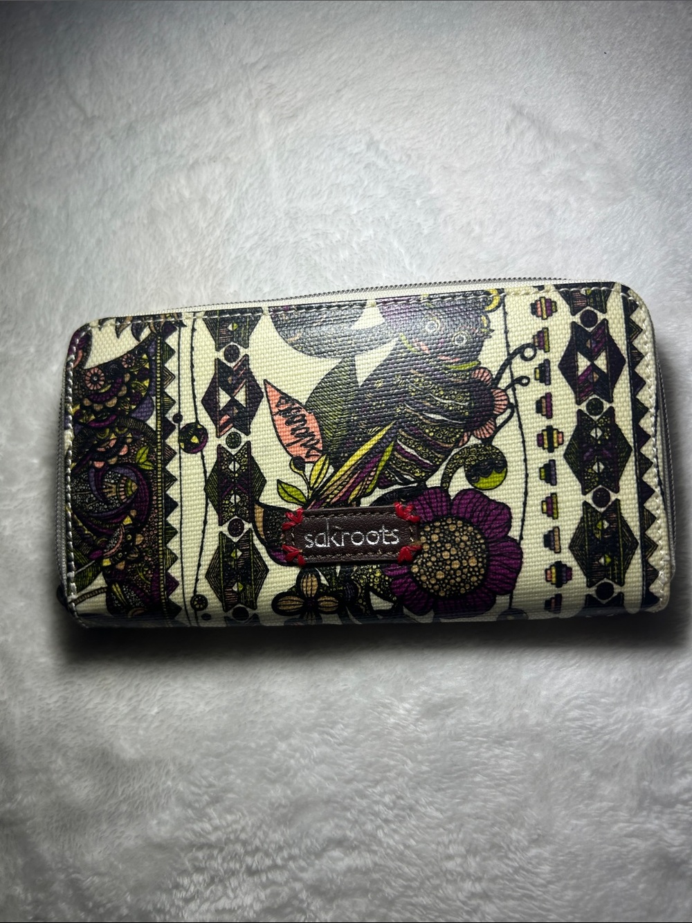 Sakroots Cream Wallet with Purple and Green Floral Bird Print